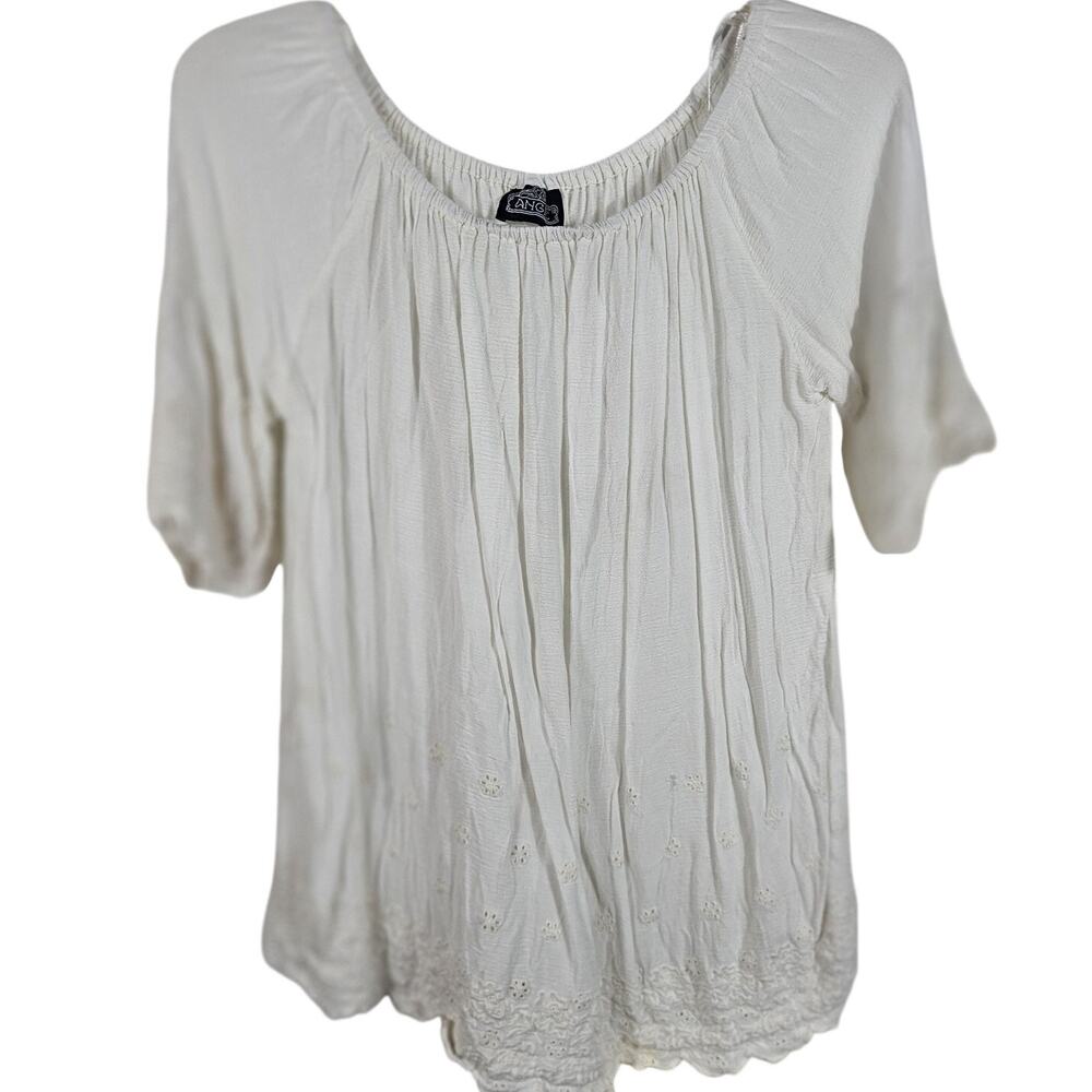 Cottagecore White Eyelet Peasant Top L Stretchy Boho Milkmaid Festival Ren Faire